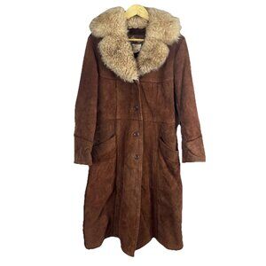 Vintage Penny Lane Suede Shearling Coat Brown Long Women’s 16 Boho 70s